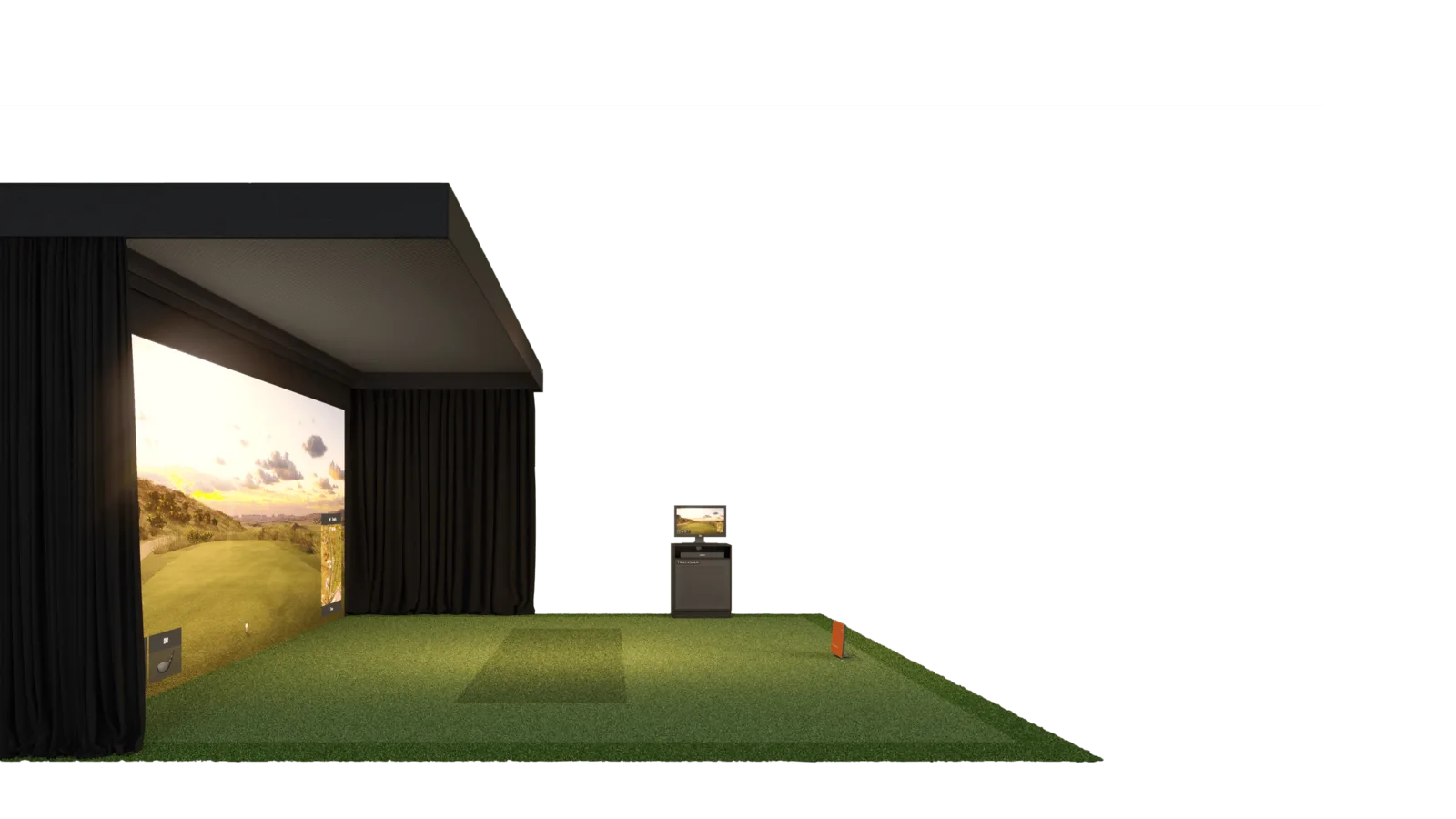 Golfsimulator-Bahn mit Projektionsfläche und TrackMan-Einheit